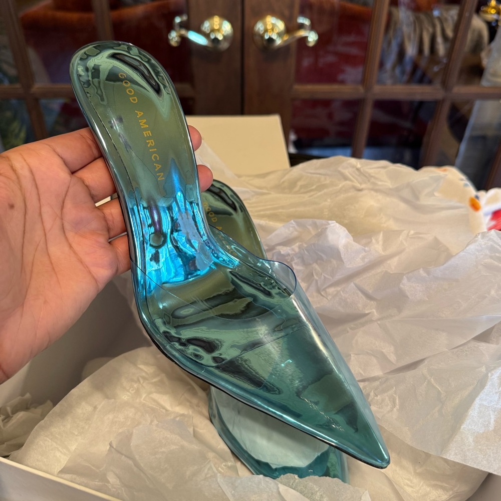Good American Pointy Toe PVC Mules Heels in Turquoise 8.5 - Picture 2 of 8